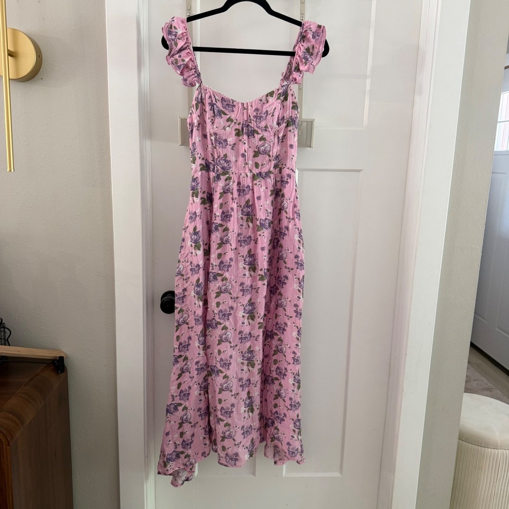 ASTR the Label Wedelia Floral Midi Dress Pink Corset Lace Up M Barbie Cottgecore